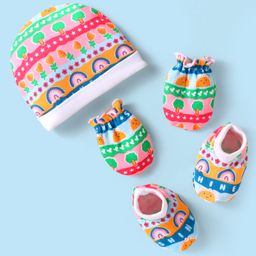 Babyhug Interlock Knit Printed Cap Mittens & Booties - Multicolor-image-76