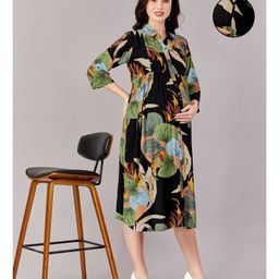 Lovely Mom's Three Fourth Sleeves Maternity Dress With Pocket & Concealed Zipper Nursing Access - Black-image-40