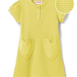 Kookie Kids Waffle Knit Half Sleeves Solid Henley Neck Dress With Heart Pocket Detailing - Lime Green-picture-15