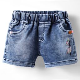 Olio Kids Denim Knit Above Knee Length Shorts with Love & Butterfly Embroidery - Light Blue-image-65