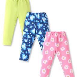 Babyhug Cotton Lycra Full Length Skinny Fit Leggings with Stretch Floral & Heart Print Pack of 3 - Pink Navy & Green-image-76