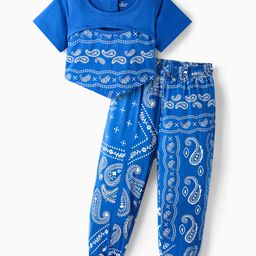 OLLINGTON ST. Cotton Half Sleeves Top & Printed Joggers- Blue-image-98
