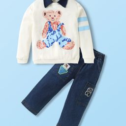 Googo Gaaga Cotton Full Sleeves Teddy Printed Sweatshirt & Joggers Set - Cream-image-21