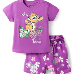Babyhug Disney Single Jersey Knit Half Sleeves Shorts Night Suit With Bambi Graphic - Purple-image-28