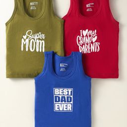 Bodycare Cotton Knit Sleeveless Vests With Text Print Pack Of 3 - Red Blue & Green-picture-11