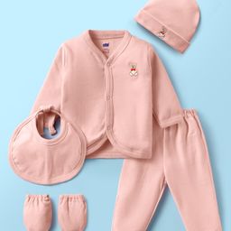 Simply Interlock Knit Full Sleeves Night Suit With Cap Bibs & Mittens - Peach-94