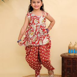 Titrit Cotton Woven Sleeveless Floral Printed Gota Lace Embellished Kurti Dhoti Set - Rust Orange-image-86