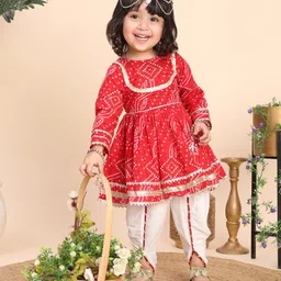 Titrit Cotton Woven Full Sleeves Bandhani Printed Gota Lace Embellished Dhoti Kurti Set - Red-picture-31