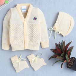 BUMZEE Full Sleeves Front Open Sweater with Cap & Booties Floral Embroidery & Bow Applique - Light Yellow-picture-13