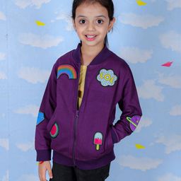 The Mom Store Cotton Blend Knit Full Sleeves Rainbow & Ice Cream Patch Detailed Light Winter Bomber Jacket - Purple-picture-40