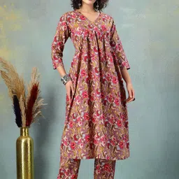 SUNEKH Floral Printed Pure Cotton V-Neck Anarkali Kurta With Palazzos-picture-15