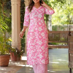 Janasya Women Floral Printed Regular Pure Cotton Kurta with Trousers-picture-56