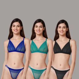 AROUSY Black & Blue Self Pattern Bra Panty Set - Pack Of 3-image-88