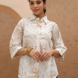 Rain and Rainbow White Cotton Printed Three-Quarter Sleeves Over Sized Shirt-image-59