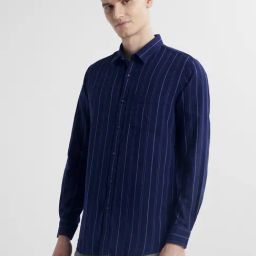 Peter England Navy Slim Fit Stripe Shirt-image-66