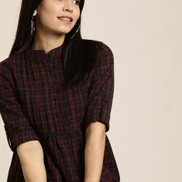 Taavi Women Black Checked Woven Legacy A-Line Top with Gathers-89