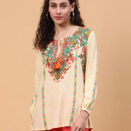 Rangriti Beige Floral Print Tunic-image-77