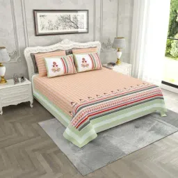 JaipurFabric Green & Pink Pure Cotton 280 TC Modern Spread King Size Bedsheet with 2 Pillow Covers-image-55