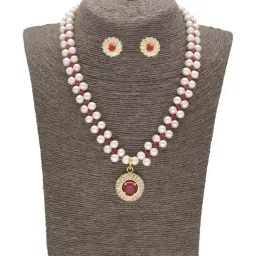 Sri Jagdamba Pearls Sweetheart Strands Red & Pearl White Necklace and Earring Set-26