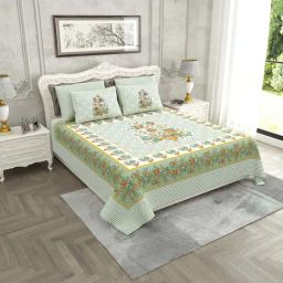 JaipurFabric Blue & Green Pure Cotton 280 TC Jaipuri Gamla King Size Bedsheet with 2 Pillow Covers-26