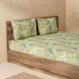 Westside Home Yellow Printed Double Bed Fitted Sheet and Pillowcase Set-image-92