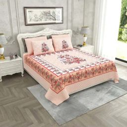 JaipurFabric Soft Peach Pure Cotton 280 TC Jaipuri Gamla King Size Bedsheet with 2 Pillow Covers-picture-3