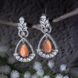 Zeneme Rhodium Plated Silver Toned Orange AD Drop Crystal Earrings-11