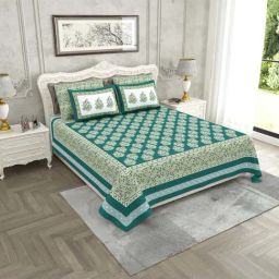 JaipurFabric Green Pure Cotton 280 TC Ethnic Glow King Size Bedsheet with 2 Pillow Covers-image-59