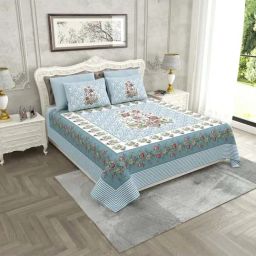 JaipurFabric Blue Pure Cotton 280 TC Jaipuri Gamla King Size Bedsheet with 2 Pillow Covers-13