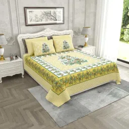 JaipurFabric Lemon Yellow Pure Cotton 280 TC Jaipuri Gamla King Size Bedsheet with 2 Pillow Covers-image-82