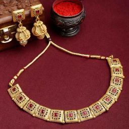 Panash Red & Gold Plated Stone Studded Jewellery Set-12