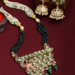 Panash Gold Plated & Green Peacock Shaped Meenakari Kundan Jewellery Set-12