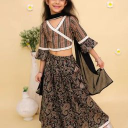 The Mom Store Girls Black Cotton Printed Top with Lehenga Set-picture-48