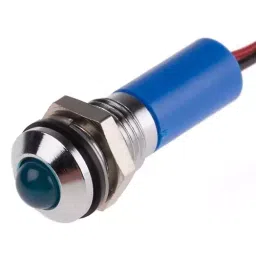 RS PRO Blue Panel Mount Indicator 12V DC, Mounting Hole Size 8 mm, Termination Type Lead Wires, IP Rating IP67, Model No 7239454-14