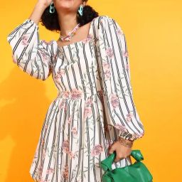 Rare Women Off White Colour Above Knee Floral Dress-image-63