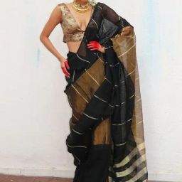 Chidiyaa Black Chandni Raatein Mrinmoyee Handwoven Linen Zari Saree-image-19