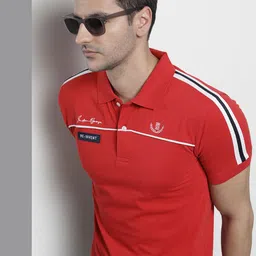 The Indian Garage Co Men Red Solid Polo Collar Applique Detail Slim Fit T-shirt-picture-46