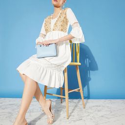 Miss Chase Off White & Gold-Toned Floral Embroidered Fit & Flare Midi Dress-picture-3
