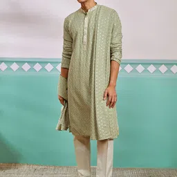 VASTRAMAY Men Ethnic Motifs Embroidered Regular Sequinned Kurta with Trousers & With Dupatta image 2