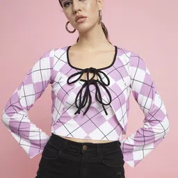BAESD Checked Tie-Up Neck Flared Sleeve Crop Top-12