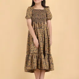 STARWORD Girls Floral Print Smocked Square Neck Puff Sleeve Fit & Flare Cotton Midi Dress-image-58