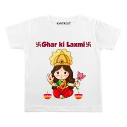 KNITROOT Diwali Theme Half Sleeves Ghar Ki Laxmi Print Tee - White-picture-10