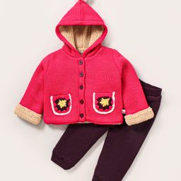 Yellow Apple Cotton Knit Full Sleeves Floral Embroidery Hooded Sweater Set - Red & Brown-image-16