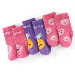 Cute Walk by Babyhug Non Terry Anti Bacterial Ankle Length Socks Fruits Design Pack of 3 - Pink & Purple-image-57