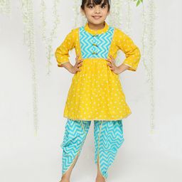 Three Fourth Sleeves Bandhej Designed Kurta With Coordinating Chevron Designed Overlapped Dhoti - Blue & Yellow-picture-2