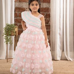 Ministitch One Shoulder Ruffled Detailed & 3D Flower Applique Embellished Fit & Flare Shimmer Gown - Baby Pink-image-85