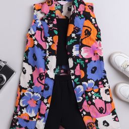 Taffykids Solid Top & Shorts With Sleeveless Floral Printed Jacket - Multi Colour & Black-image-99