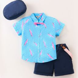 ToffyHouse Cotton Woven Half Sleeves Cars Printed Shirt & Solid Colour Shorts with Suspenders & Cap - Navy Blue-image-37
