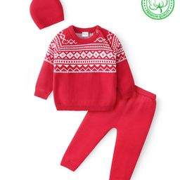 Babyhug Cotton Knit Full Raglan Sleeves Sweater Set with Cap Aztec Design - Red-image-48