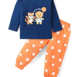 Babyhug Cotton Knit Full Sleeves Night Suit With Animals & Stars Print - Blue & Orange-image-88